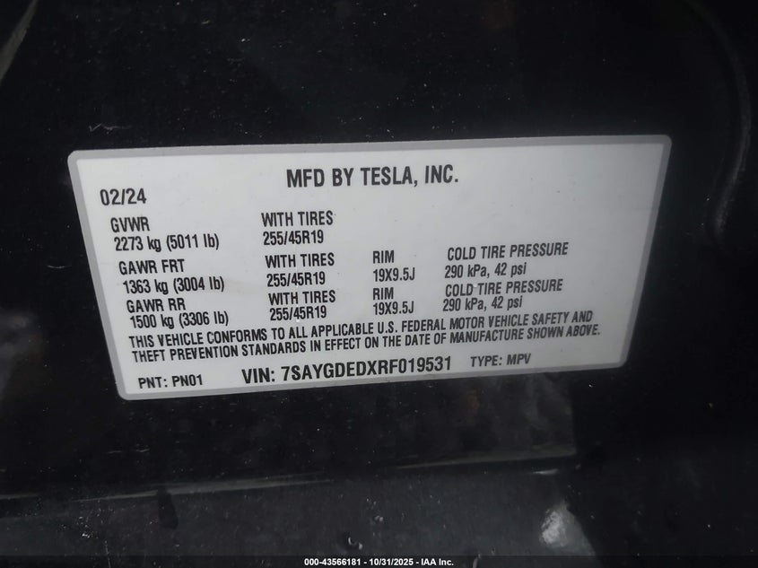 2024 Tesla Model Y Long Range Dual Motor All-Wheel Drive/Rwd VIN: 7SAYGDEDXRF019531 Lot: 43566181