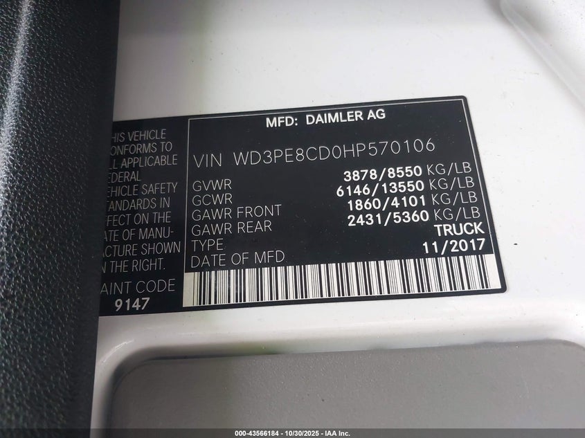 2017 Mercedes-Benz Sprinter 2500 High Roof V6 VIN: WD3PE8CD0HP570106 Lot: 43566184