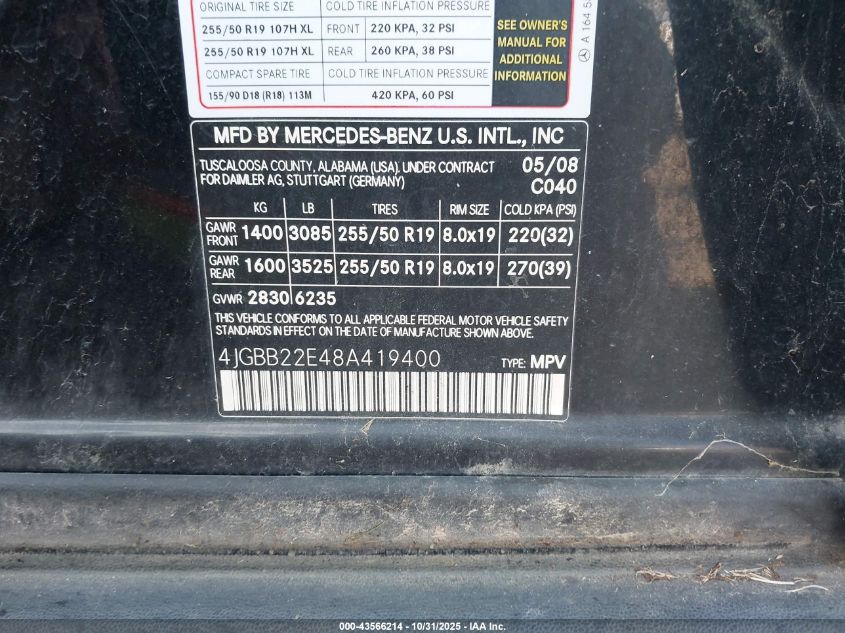 2008 Mercedes-Benz Ml 320 Cdi 4Matic VIN: 4JGBB22E48A419400 Lot: 43566214