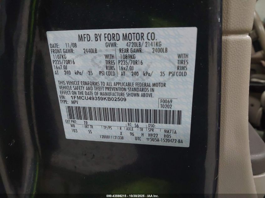 2009 Ford Escape Hybrid Limited VIN: 1FMCU49359KB02509 Lot: 43566215