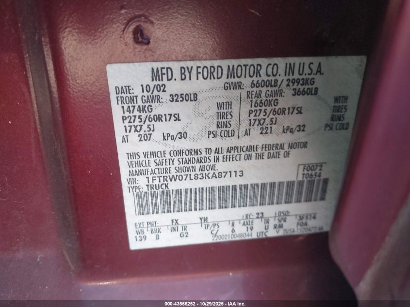 2003 Ford F-150 Lariat/Xlt VIN: 1FTRW07L83KA87113 Lot: 43566252