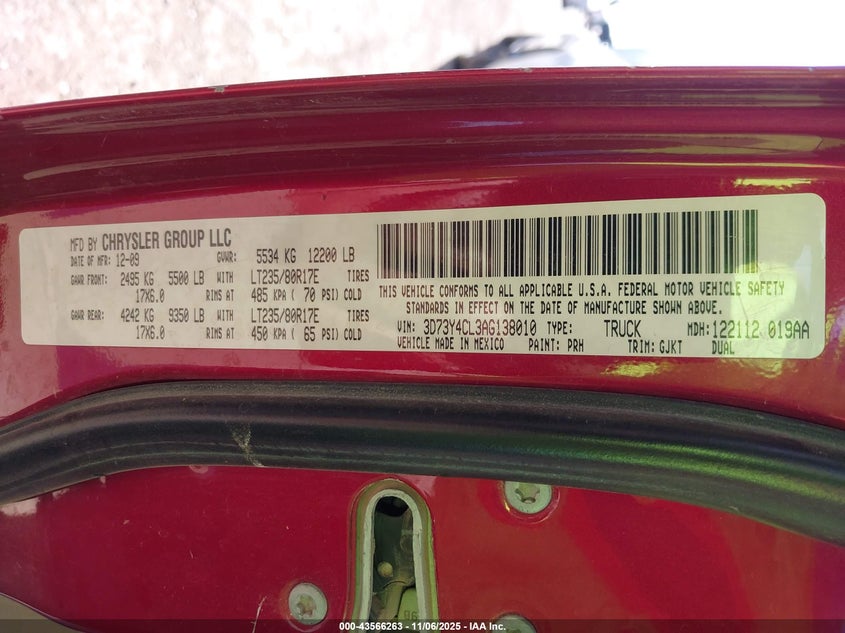 2010 Dodge Ram 3500 Laramie VIN: 3D73Y4CL3AG138010 Lot: 43566263