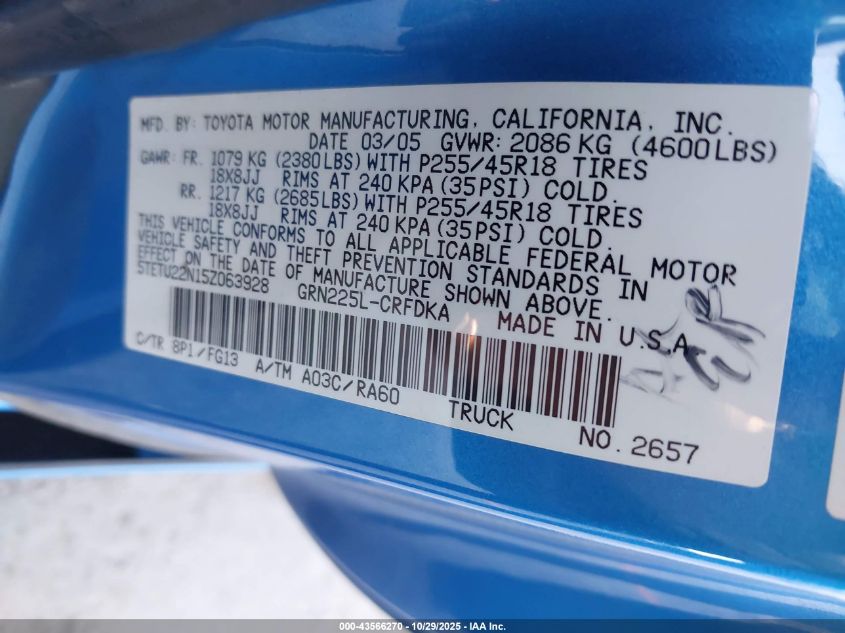 2005 Toyota Tacoma V6 VIN: 5TETU22N15Z063928 Lot: 43566270