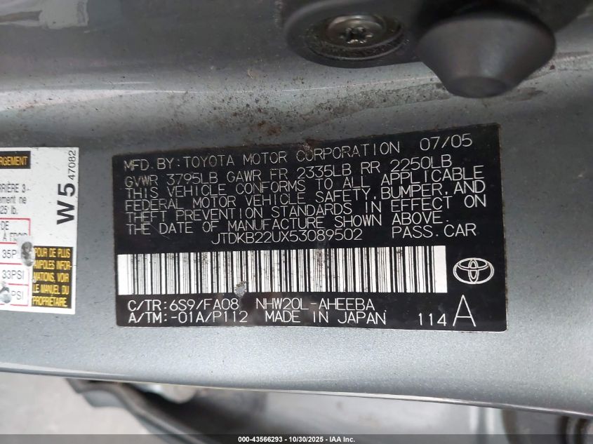 2005 Toyota Prius VIN: JTDKB22UX53089502 Lot: 43566293