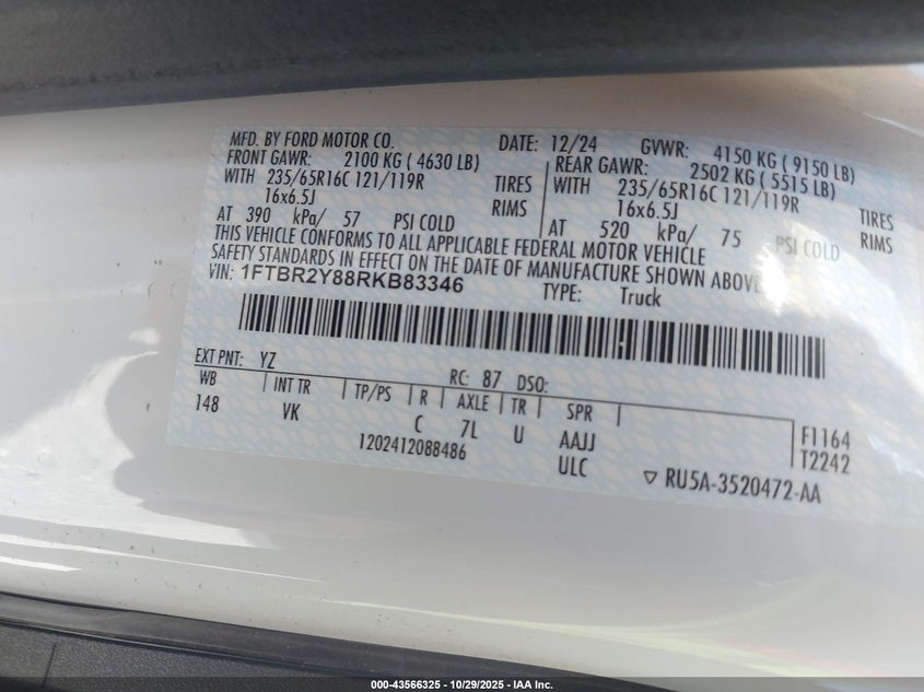 2024 Ford Transit-250 VIN: 1FTBR2Y88RKB83346 Lot: 43566325