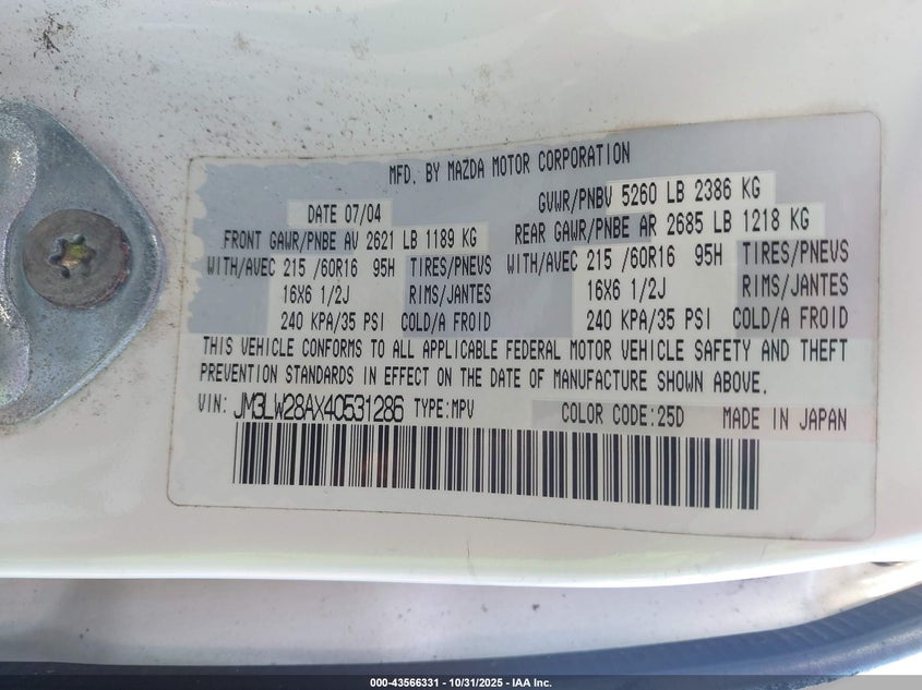 2004 Mazda Mpv Lx VIN: JM3LW28AX40531286 Lot: 43566331