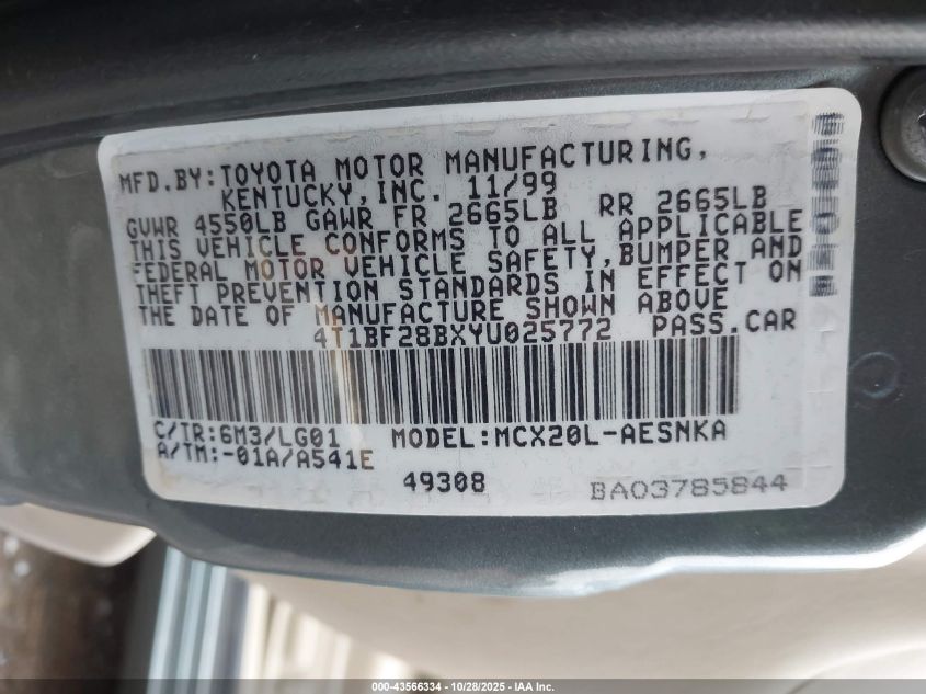 2000 Toyota Avalon Xl VIN: 4T1BF28BXYU025772 Lot: 43566334