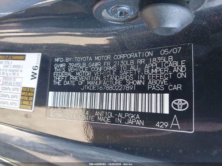 2008 Scion Tc VIN: JTKDE167880227891 Lot: 43566362