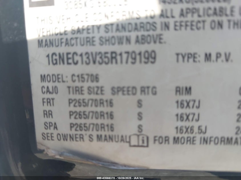 2005 Chevrolet Tahoe Ls VIN: 1GNEC13V35R179199 Lot: 43566378