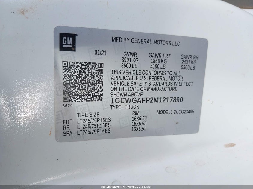 2021 Chevrolet Express Cargo Rwd 2500 Regular Wheelbase Wt VIN: 1GCWGAFP2M1217890 Lot: 43566390