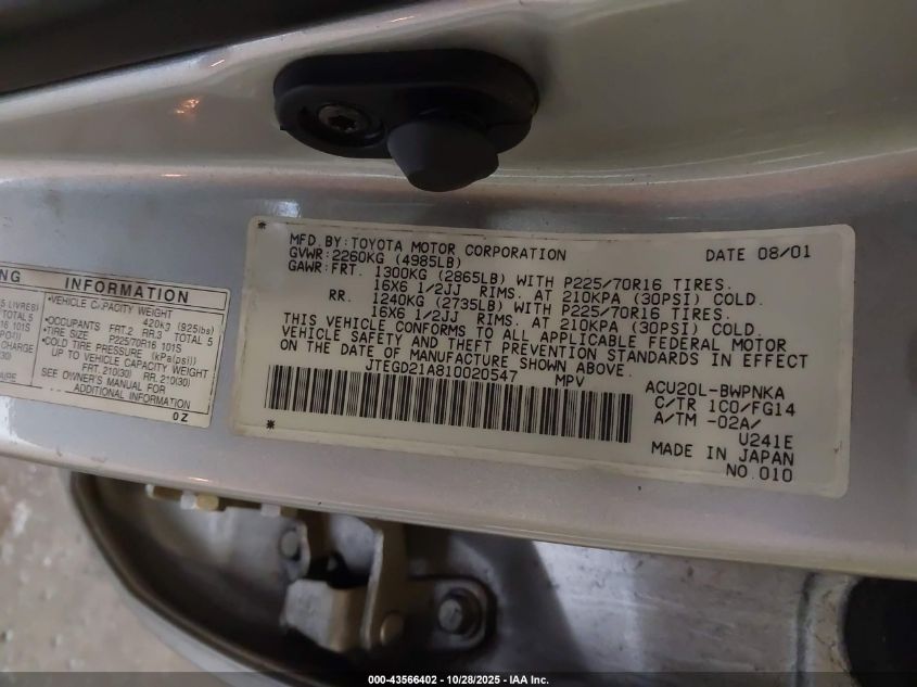 2001 Toyota Highlander VIN: JTEGD21A810020547 Lot: 43566402