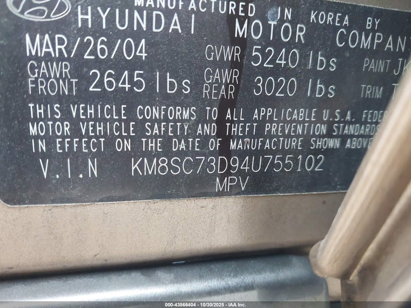 2004 Hyundai Santa Fe Gls VIN: KM8SC73D94U755102 Lot: 43566404