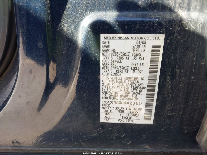 2008 Nissan Frontier Le VIN: 1N6AD07U18C442360 Lot: 43566411