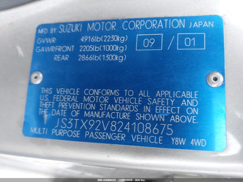 2002 Suzuki Xl-7 Limited/Plus/Standard/Touring VIN: JS3TX92V824108675 Lot: 43566420