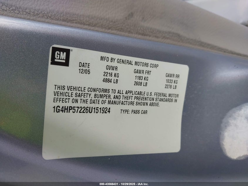 2006 Buick Lucerne Cx VIN: 1G4HP57226U151924 Lot: 43566431