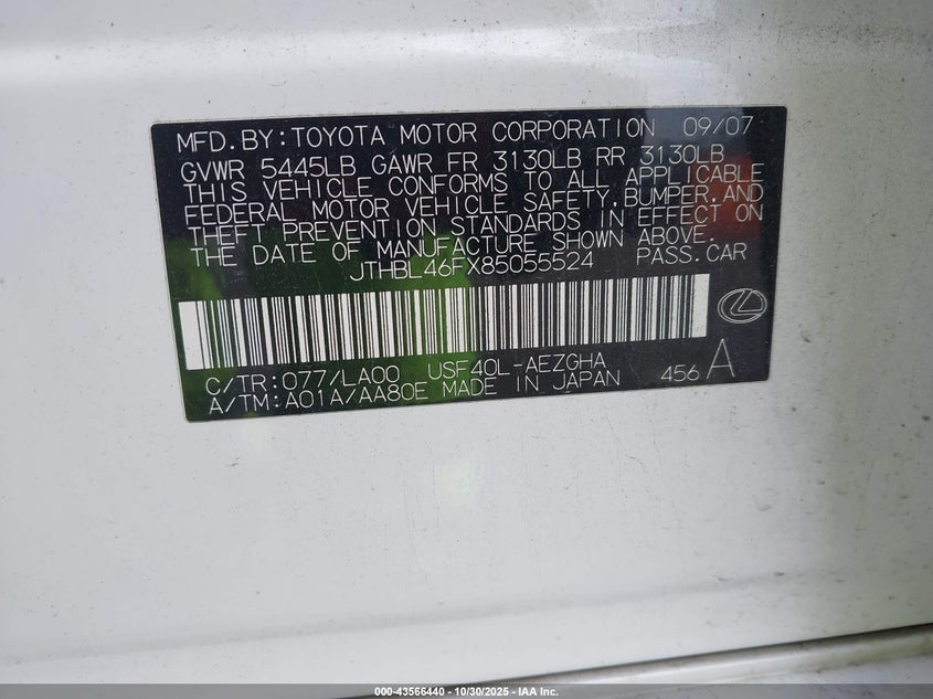 2008 Lexus Ls 460 VIN: JTHBL46FX85055524 Lot: 43566440