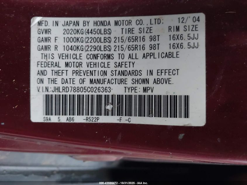 2005 Honda Cr-V Ex VIN: JHLRD78805C026363 Lot: 43566472