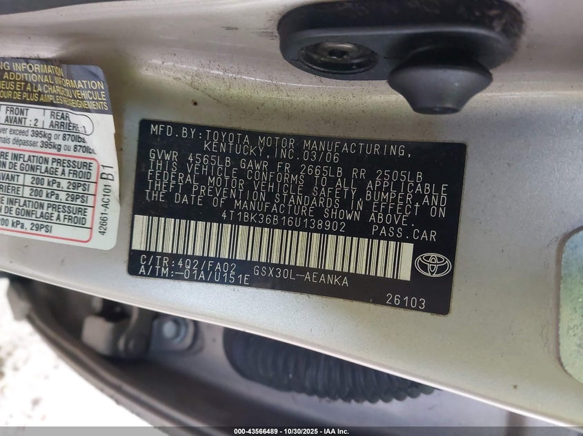 2006 Toyota Avalon Xl VIN: 4T1BK36B16U138902 Lot: 43566489