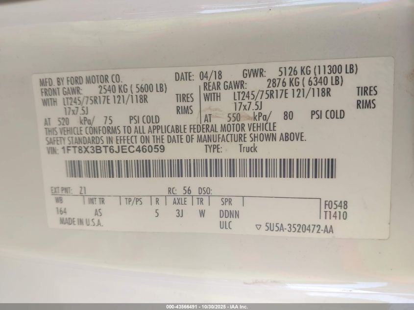 2018 Ford F-350 Xl VIN: 1FT8X3BT6JEC46059 Lot: 43566491