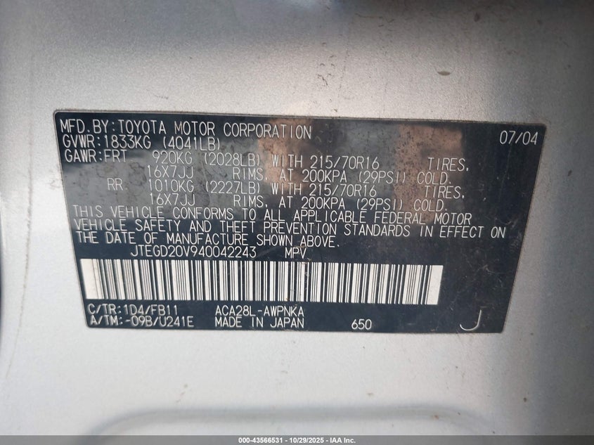 JTEGD20V940042243 2004 TOYOTA RAV 4 photo no. 9