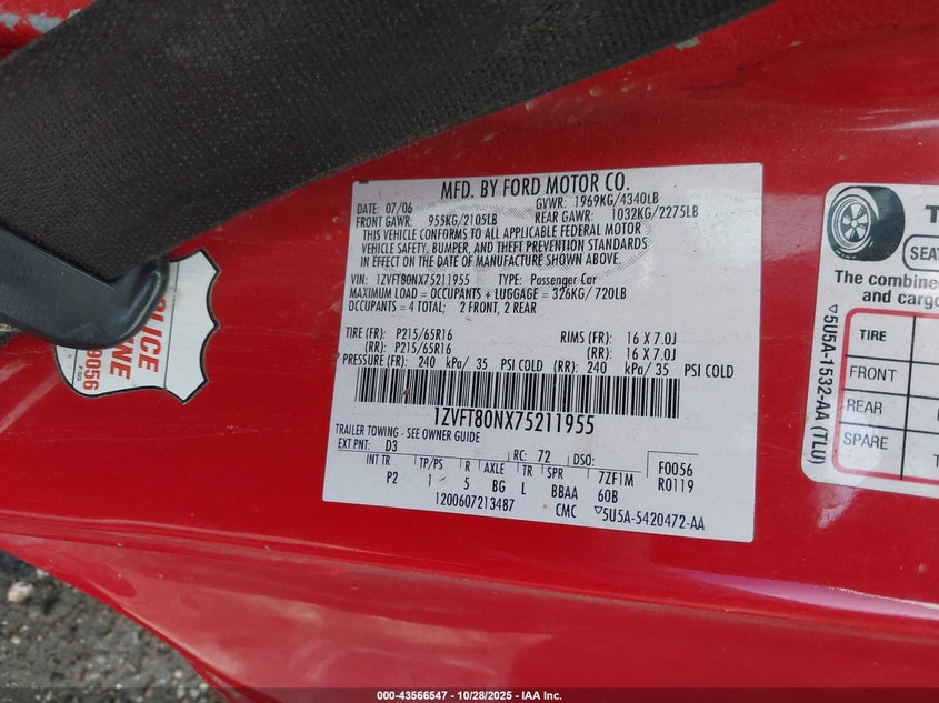 2007 Ford Mustang V6 Deluxe/V6 Premium VIN: 1ZVFT80NX75211955 Lot: 43566547