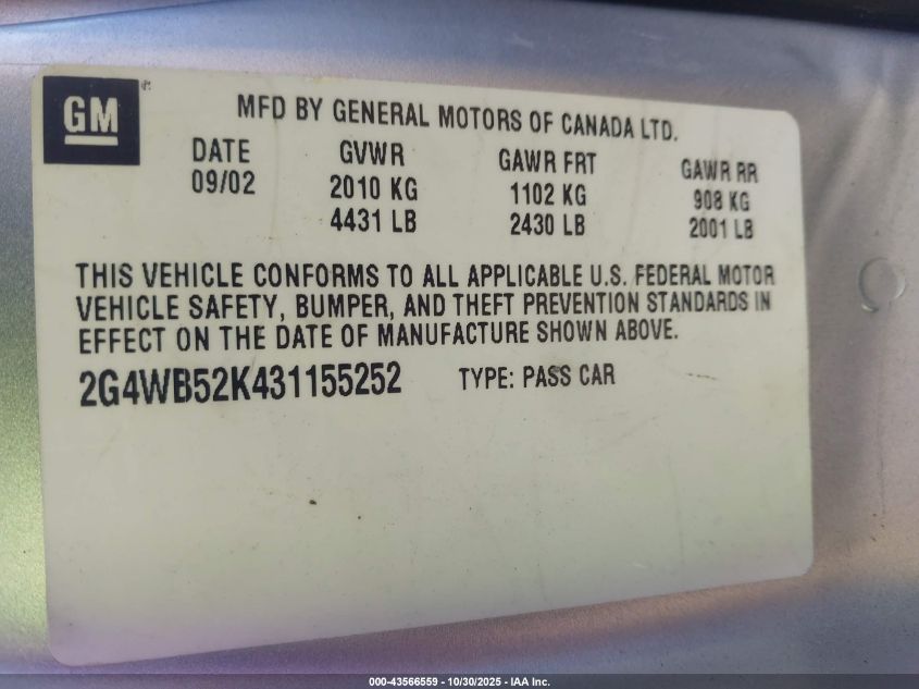 2003 Buick Regal Ls VIN: 2G4WB52K431155252 Lot: 43566559