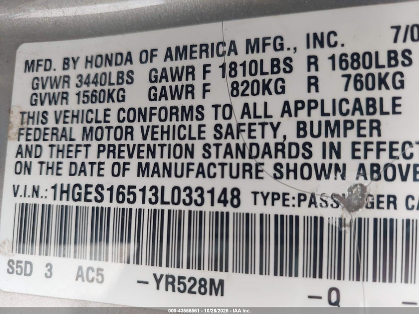 2003 Honda Civic Lx VIN: 1HGES16513L033148 Lot: 43566561