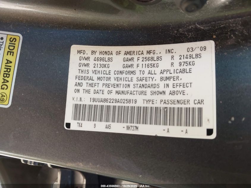 2009 Acura Tl 3.5 VIN: 19UUA86229A025819 Lot: 43566563