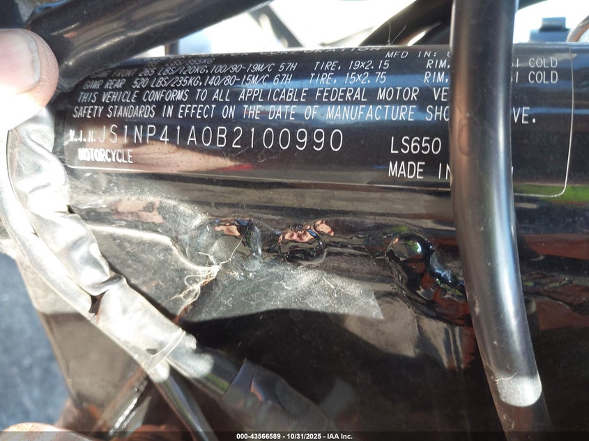 2011 Suzuki Ls650 VIN: JS1NP41A0B2100990 Lot: 43566589