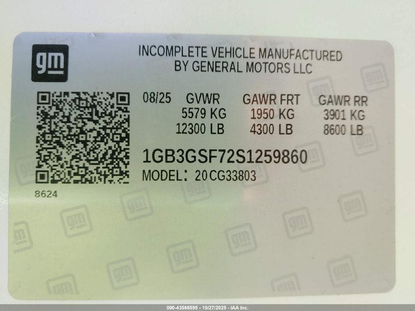 2025 Chevrolet Express Cutaway Work Van VIN: 1GB3GSF72S1259860 Lot: 43566595