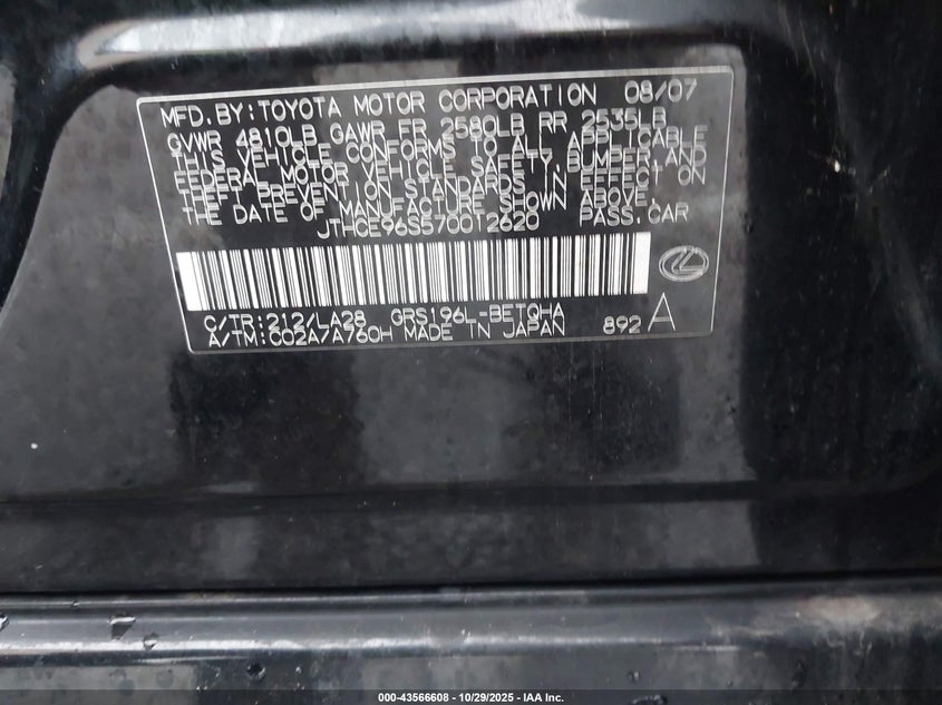 2007 Lexus Gs 350 VIN: JTHCE96S570012620 Lot: 43566608
