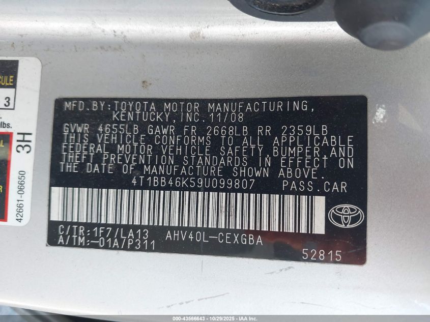 2009 Toyota Camry Hybrid VIN: 4T1BB46K59U099807 Lot: 43566643