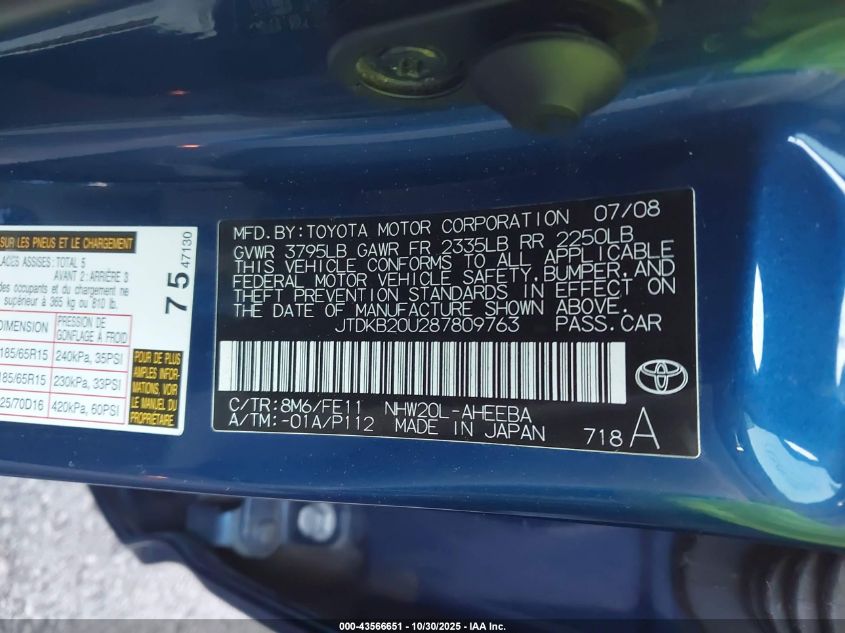 2008 Toyota Prius VIN: JTDKB20U287809763 Lot: 43566651