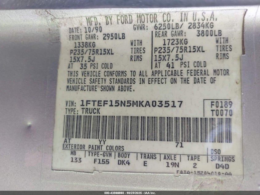 1991 Ford F150 VIN: 1FTEF15N5MKA03517 Lot: 43566663