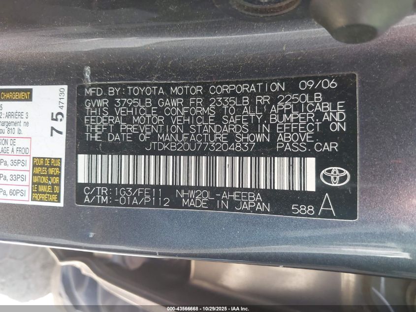 2007 Toyota Prius VIN: JTDKB20U773204837 Lot: 43566668