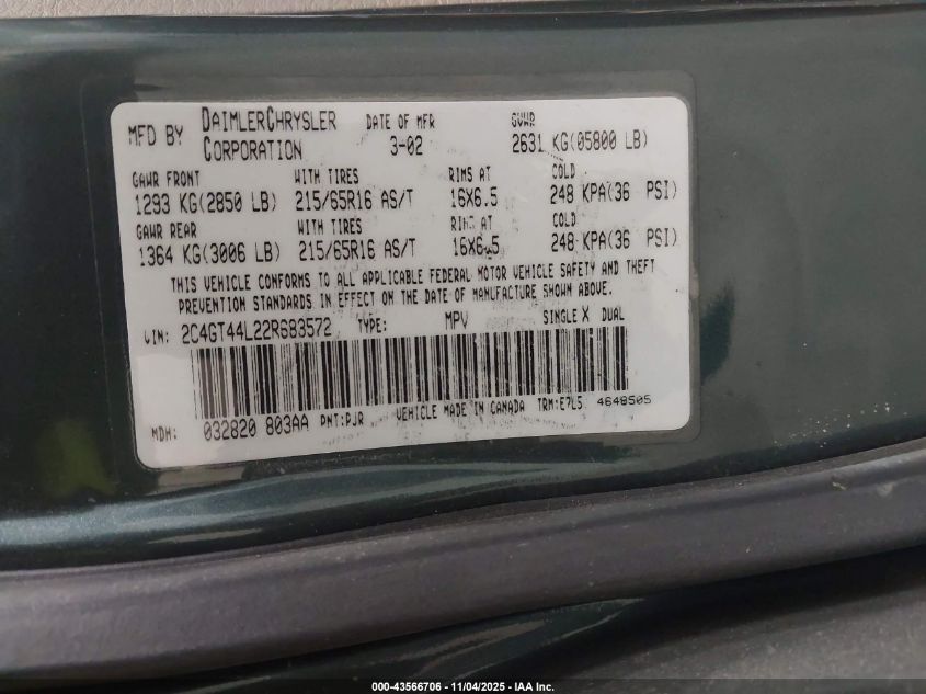2002 Chrysler Town & Country Lx VIN: 2C4GT44L22R683572 Lot: 43566706