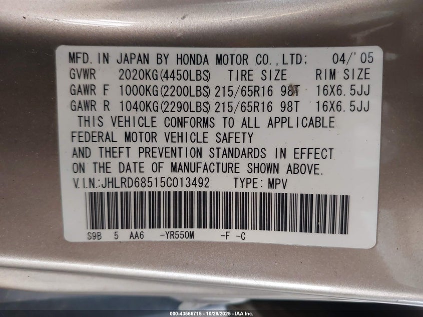 2005 Honda Cr-V Lx VIN: JHLRD68515C013492 Lot: 43566715