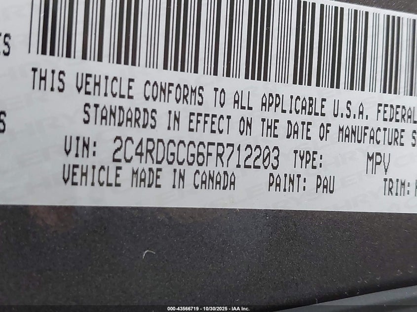 2015 Dodge Grand Caravan Sxt VIN: 2C4RDGCG6FR712203 Lot: 43566719