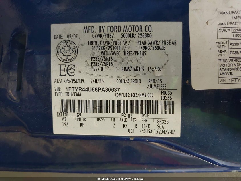 2008 Ford Ranger Sport/Xlt VIN: 1FTYR44U88PA30637 Lot: 43566724