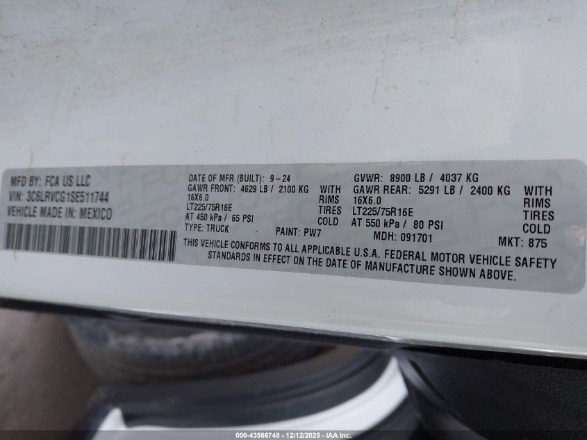 2025 Ram Promaster 2500 Tradesman High Roof 136 Wb W/Pass Seat VIN: 3C6LRVCG1SE511744 Lot: 43566748