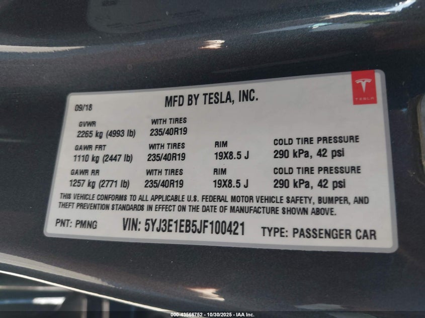 2018 Tesla Model 3 Long Range/Performance VIN: 5YJ3E1EB5JF100421 Lot: 43566752