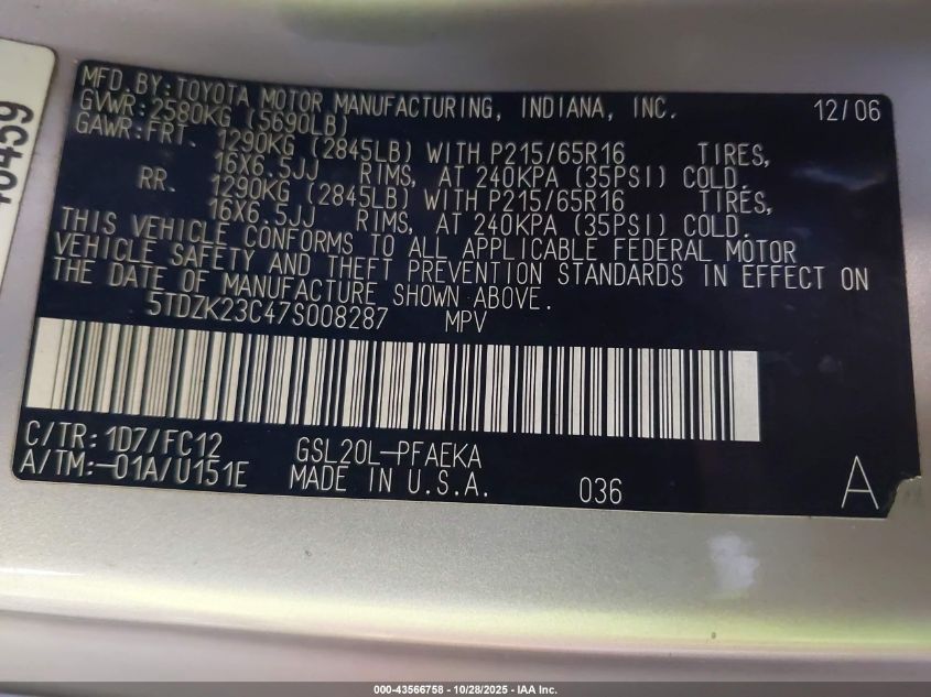 2007 Toyota Sienna Le VIN: 5TDZK23C47S008287 Lot: 43566758