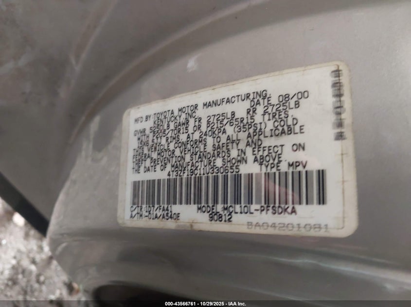 2001 Toyota Sienna Ce VIN: 4T3ZF19C11U330655 Lot: 43566761