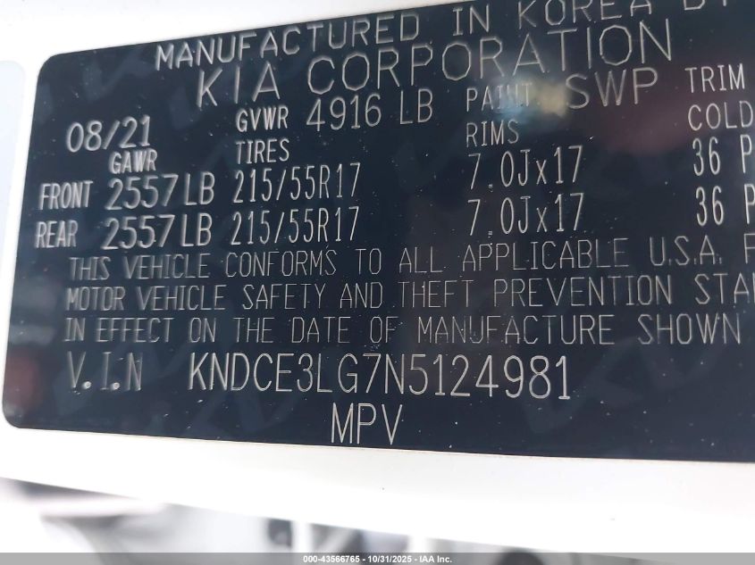 2022 Kia Niro Ev Ex Premium VIN: KNDCE3LG7N5124981 Lot: 43566765