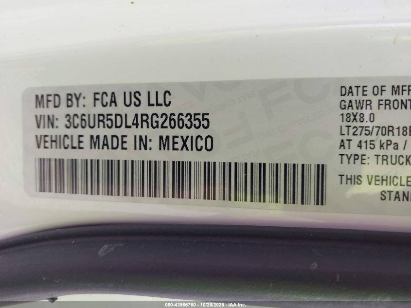 2024 Ram 2500 Big Horn 4X4 6'4 Box VIN: 3C6UR5DL4RG266355 Lot: 43566780