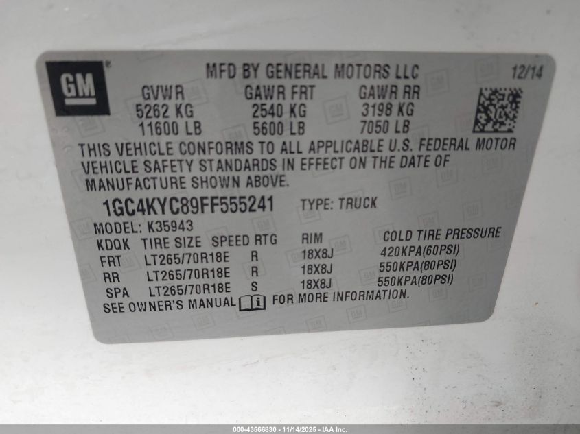 2015 Chevrolet Silverado 3500Hd Wt VIN: 1GC4KYC89FF555241 Lot: 43566830