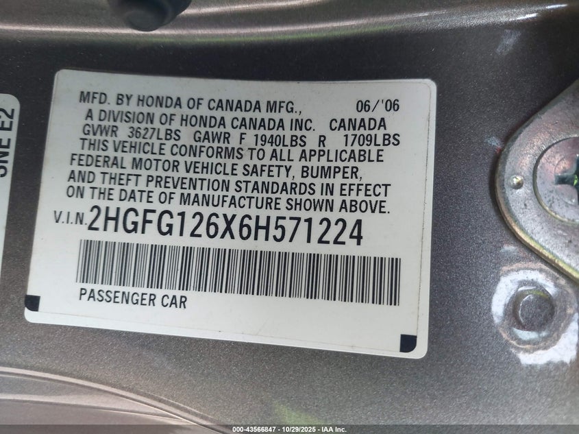 2HGFG126X6H571224 2006 HONDA CIVIC photo no. 9