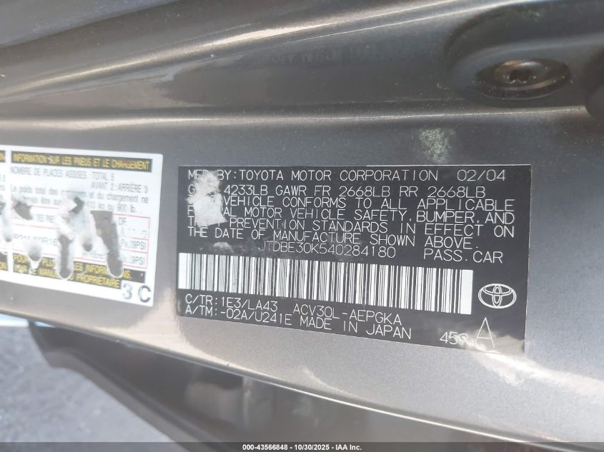 2004 Toyota Camry Le/Se/Xle VIN: JTDBE30K540284180 Lot: 43566848