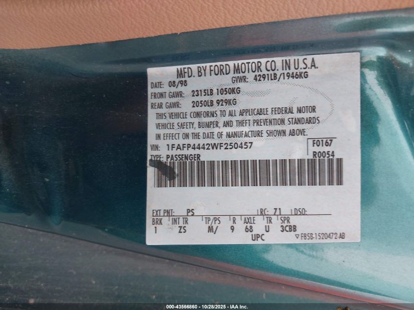 1998 Ford Mustang VIN: 1FAFP4442WF250457 Lot: 43566860