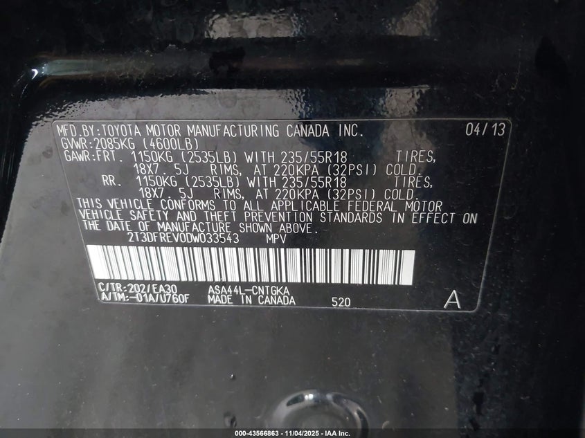 2013 TOYOTA RAV4 LIMITED 2T3DFREV0DW033543